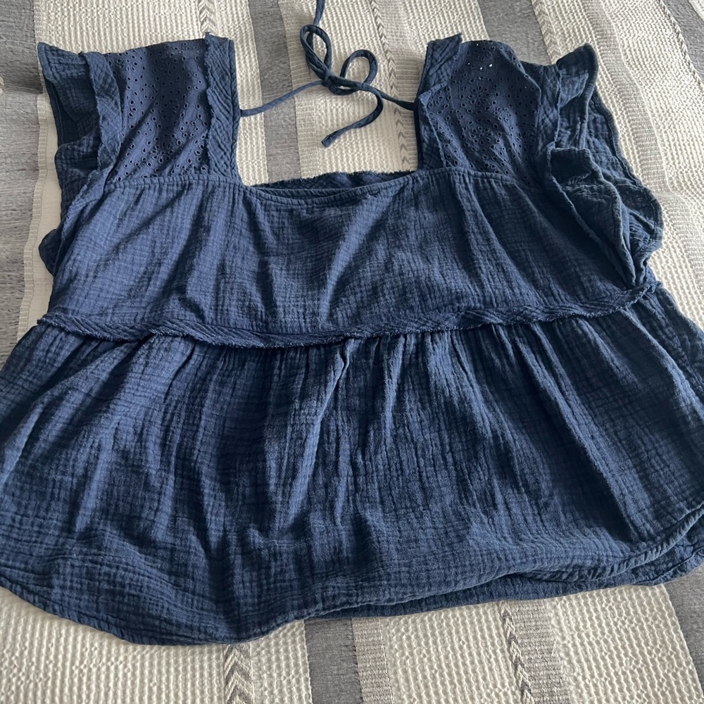Maurices Blue Blouse with Tie Front and Ruffled Details